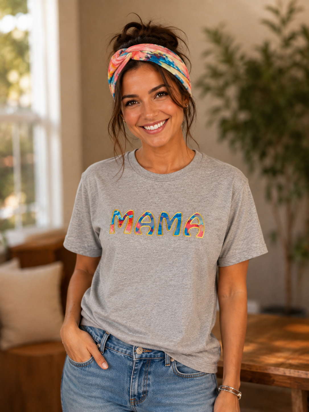 Water Color MAMA T-Shirt with matching Headband- Heather Gray